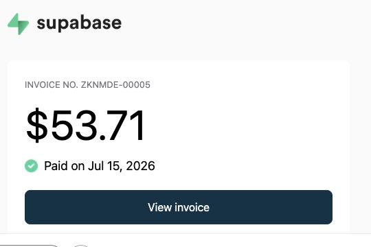 Fatura do Supabase no valor de 53,71 dólares, paga em 15 de julho de 2026