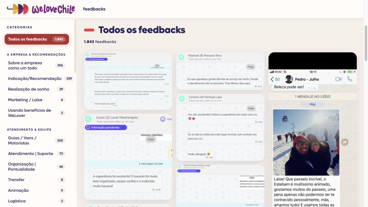 Painel local com feedbacks de clientes da We Love Chile