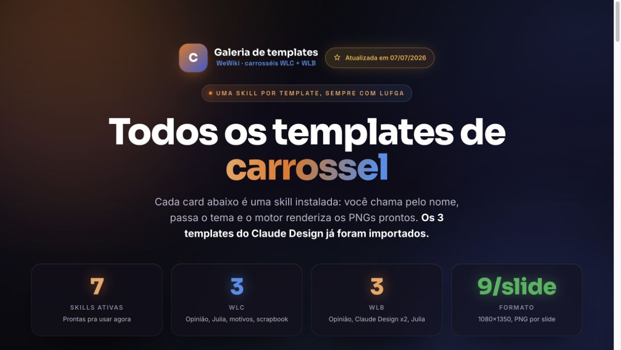 Hero da galeria local de templates de carrossel