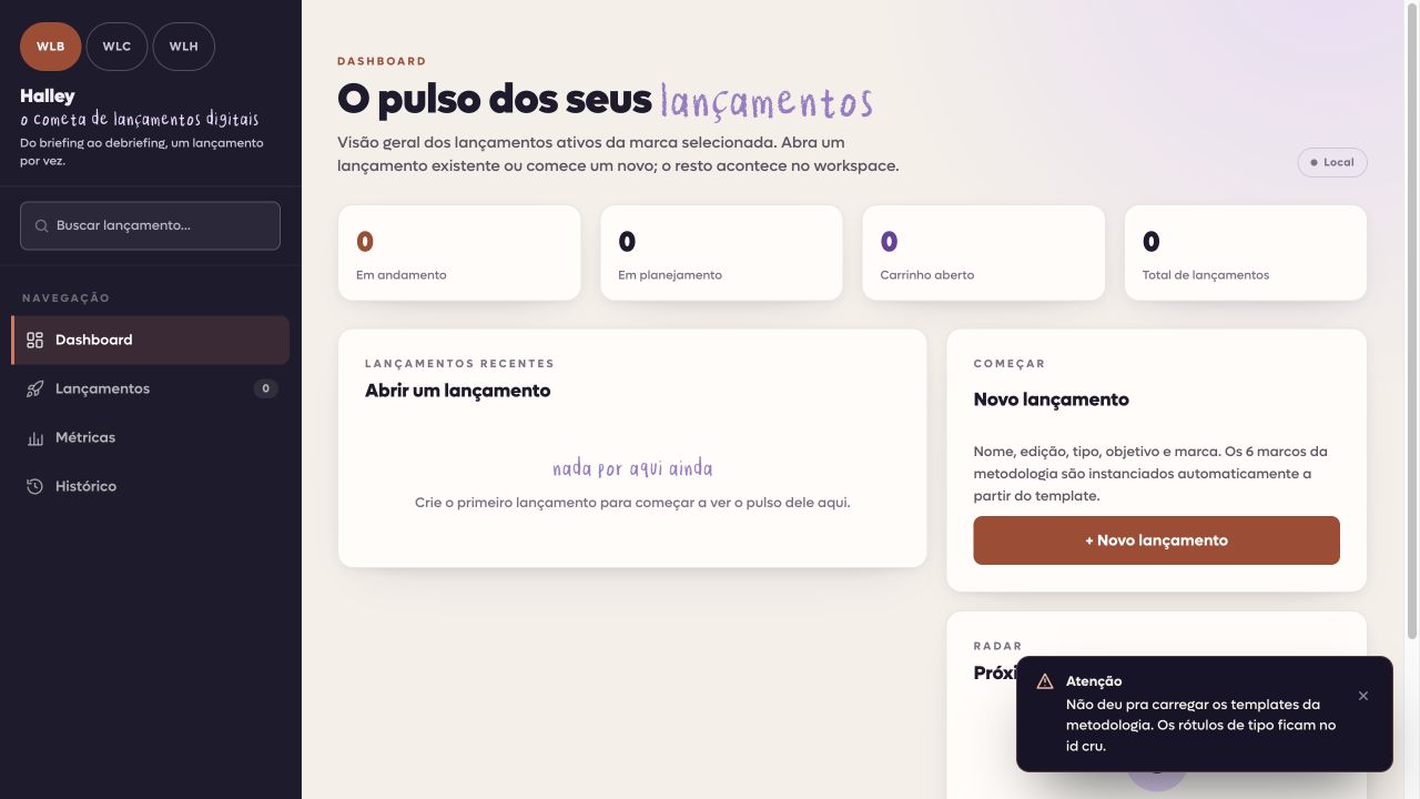 Tela inicial do Halley com visão de lançamentos